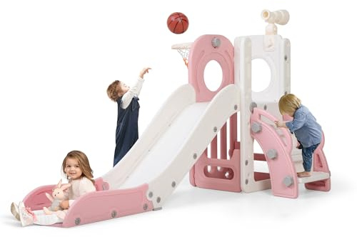 NYEEKOY Indoor Toddler Slide,6 in 1 Slides for Toddlers 1-3, Freestanding Kids Slide with Basketball Hoop, Telescope, Storage,Outdoor Playground for Backyards,Pink