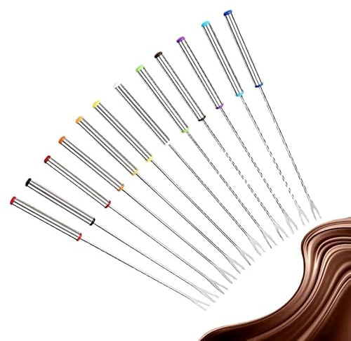 Bafnsiji Stainless Steel Fondue Forks, 9.4 Inch Set of 12 Fondue Forks, Meat Fondue Forks with Stainless Steel Handles Set, Fruit Chocolate Fountain Cheese Forks, Multicolor