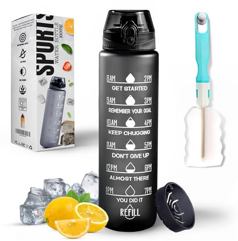 K-MART Water Bottle 1L, Sports Water Bottle with Time Markings, BPA-Free, Leak-Proof Drinks Bottle, Perfect for Running, Cycling, Gym, Yoga, Camping and Outdoor Activities, Black