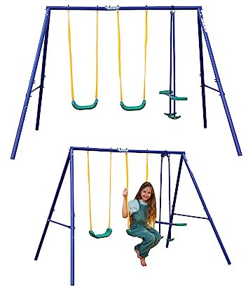 MUWO Kinder Spielgerüst, Gestell mit Einzelschaukel, Doppelschaukel oder mit Schaukeln, Schaukelwippe, Wippe und Rutsche, optimal für Garten und Hof (Tabalu 2 Schaukeln und Wippe)