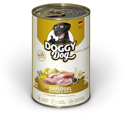 DOGGY Dog Paté pollame Puppy/Junior, 6 x 400 g, cibo umido per cani giovani, cibo per cuccioli senza cereali con olio di salmone e cozze verdi con patate e carote, prodotto in Germania
