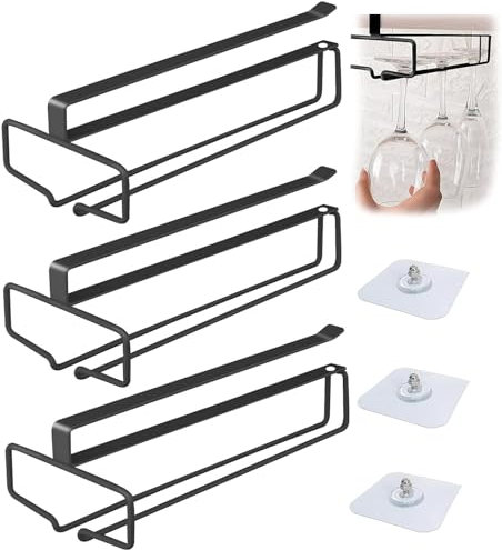 Laufunjoy 3 Pezzi Porta Bicchieri Sospesi, Wine Glass Rack Supporto Per Bicchieri A Calice Portabicchieri Sospeso Porta Calici Sottopensile per Calici Senza Foratura, Bar Ristorante Cucina, Nero
