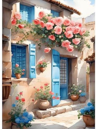 DPHERO 5D Diamond Painting Innenhof Diamant Painting Bilder Rose Blumen Diamond Kunst Erwachsene Haus Diamond Painting Bilder Diamant Bilder Kinder DIY Cross Stickerei Malerei Kits Wand Dekor 30x40cm