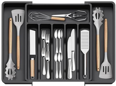Lutranstra Portaposate da Cassetto, Grande Porta Posate Cucina, Organizer Cassetti Cucina, Supporto Regolabile per Posate e Utensili, Nero