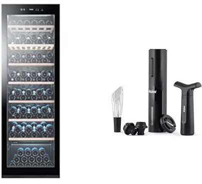Haier WS171GA Weinkühlschrank + Premium Weinöffner-Set / 166 Flaschen/Höhe 185 cm/LED Display/UV-undurchlässige Glasscheibe/Anti-Vibrationskompressor/Innenbeleuchtung/Schwarz