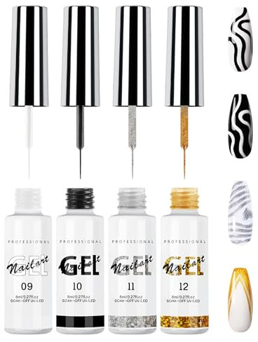 Silber Gel Liner Nail Art, 4 Farben Gold Silber Weiß Schwarz Painted Gel Glitzer UV Nagellack Starterset set, Soak-Off Painting Gelnägel für Nägel Drawing Lines French Maniküre Home DIY Nail Art Salon
