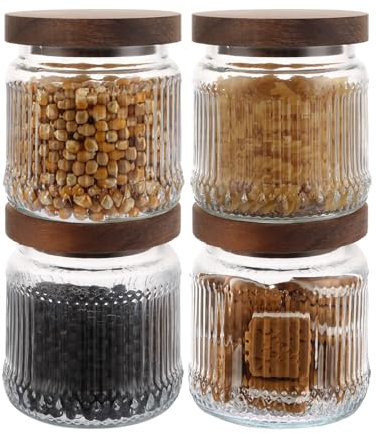 AHAQU 4PCS Glass Jar with Wooden Lid, 500ml/17oz Airtight Food Storage Jars, Clear Kitchen Storage Jars for Tea, Coffee, Sugar, Beans, Cereal
