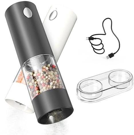 CIRCLE JOY Set Macina Sale e Pepe Elettrici Set di 2 Pezzi per Macinaspezie Ricaricabile con Base, Contenitore Trasparente Lavabile da 95ml, Luce LED Bianca e Grossolanità Regolabile, Bianco Nero