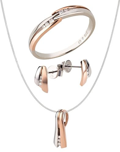 Ardeo Aurum Damen Schmuck-Set aus 375 Gold bicolor Roségold-Weißgold mit 0,14 ct Diamanten Brillanten Ring Ohrstecker Anhänger Panzerkette Gr. 50