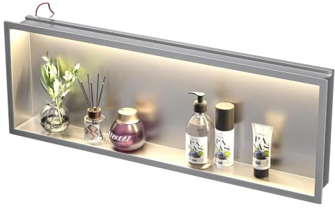 Bernkot Nicchia doccia in acciaio inox 900 mm x 300 mm spazzolato con luce LED impermeabile senza piastrelle necessarie incasso a parete per bagno stoccaggio tramite montaggio installazione