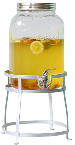 4L Mason Jar Beverage Dispenser with Leak Proof Spigot and Gold Stand Glass Drink Dispenser for Parties and Daily Use Ice Cold Water and Juice Container with 4PCS Cups