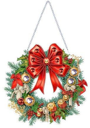 CXINLky DIY Diamond Art Painting Anhänger Weihnachtskranz mit Kette, Diamant Painting Fensterbilder, Weihnachten Diamond Malerei Wandbehang Kits für Fenster Wand Garten Decor-03