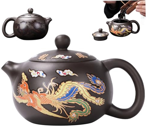 Keramik -Teekanne Drache und Phoenix Chinesische Teekannenfarbe Kung Fu Tea Pot mit Griff und Infuser 250 ml breiter Mund Mund Traditioneller Keramik -Tee -Tee -Geschenk, Schaumstoffverpackung