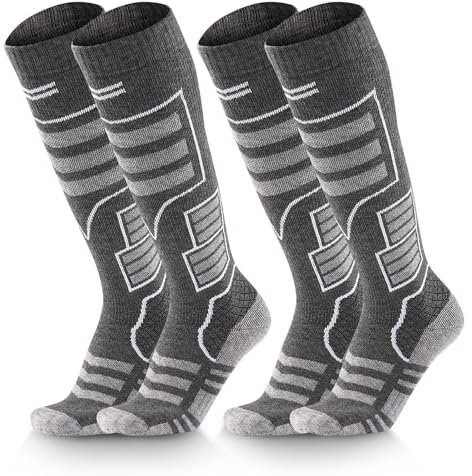 Riwer 2 Paar Skisocken aus Merinowolle für Herren, Damen, Jugendliche, Skistrümpfe mit Polsterung Antiblasen Warm Lang zum Skifahren Atmungsaktive Schnelltrocknende Geruchshemmende, Grau