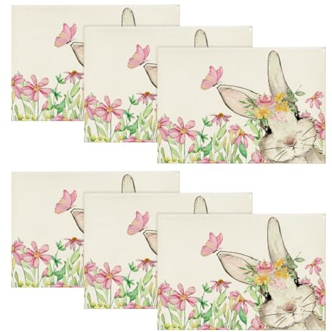Artoid Mode Rosa Blumen Schmetterling Hase Ostern 6er Set Platzsets, 30x45cm Frühling Bankett Tischsets Waschbar Platzdeckchen Küche Party Deko