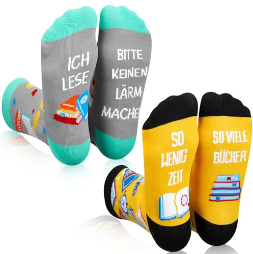 Geyoga 2 Pares Regalos para Ratones de Biblioteca Calcetines Divertidos con Frase en la Suela. Calcetines de Ratón de Biblioteca para Mujer regalo de Cumpleaños Regalo (Amarillo+Negro, Gris+Azul)