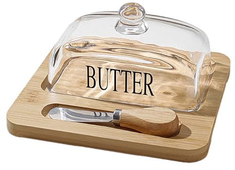 MCDSAJ Glasbutters Chale mit Deckel und Messer, Klarglas-Dessert-Käse-Cloche-Kuppel für Tisch, Küchen-Arbeits Platte, Kühlschrank (Holz, Glas)