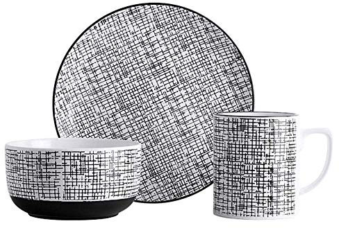 Assiettes à dîner, Service de Table raffiné, Service de Vaisselle pour 1 Personne, Vaisselle en Porcelaine 3 pièces, éléments quadrillés Noirs et Blancs, Style Nordique, Tasse, Ass