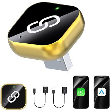 Adaptador inalámbrico CarPlay para CarPlay y Android Auto, edición Mini, actualización 2025 de cableado a inalámbrico, Plug and Play para iOS 10+ Android 11+ (Dorado) (Oro)