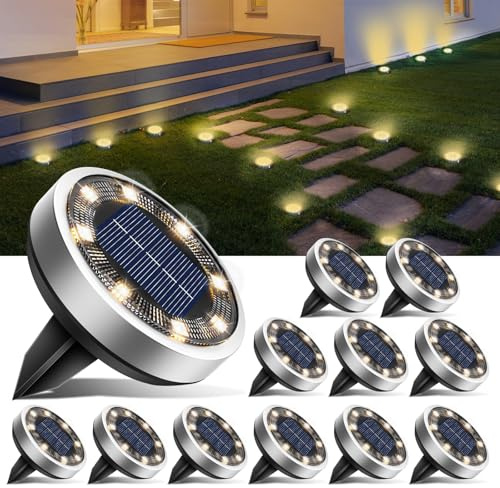 btfarm 12 Piezas Luces Solares LED Exterior Jardin Suelo, 8 LED Luces Solar | Luz Solar Exterior Jardin, IP65 Impermeable Lamparas Solares Suelo Camino, Césped, Patio, Terraza (Blanco Cálido)