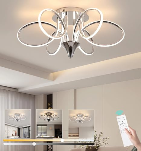 LIYYANG Moderne LED Deckenleuchte 90W Nordische Deckenbeleuchtung Dimmbare Wohnzimmer Deckenleuchten Esszimmer Kronleuchter mit Fernbedienung Schlafzimmer Hängende Deckenlampe (Chrom, Φ75cm)