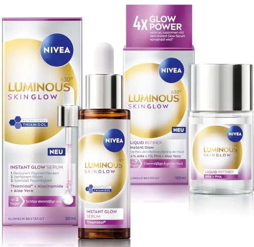 NIVEA LUMINOUS630 Skin Glow Set mit Serum und Liquid Refiner, leichtes Gesichtsserum und AHA Peeling für strahlende Haut, feuchtigkeitsspendende Gesichtspflege