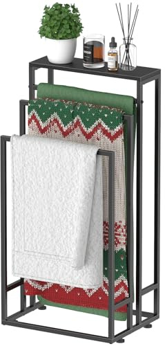 LIANTRAL Freestanding Towel Rail, 3 Tier Bath Towel Rack with Storage Shelf, Indoor Outdoor Towel Storage Stand, Hand Towel Drying Rack for Bathroom, Black