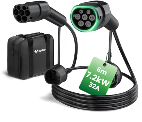 GONEO Cable de Carga Tipo 2 7.2kW 32A 6M, IP54 Impermeable TPU, Compatible con Renault ZOE/Tesla/VW/Vehículos Eléctricos con Bolsa