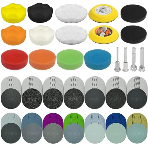 Seconero 158pcs 3 Inch Sanding Discs Car Polishing Pads Kit for Drill, 75mm Wet and Dry Sandpaper 60-10000 Grits with 1/8 1/4” Shank, Headlight Restoration Kit, Drill Sanding Attachments Buffing Pads
