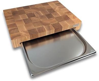 Premium Stirnholz Schneidebrett Eiche & Esche 40×30×5,5 cm – mit Edelstahlschublade 1,3 L – Küchenbrett rutschfest & massiv