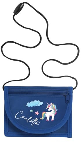 minimutz Geldbörse Kinder personalisiert, Kindergeldbeutel mit Name, Brustbeutel Einhorn Sterne Mädchen (Royalblau)