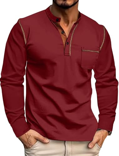 Aulemen långärmad tröja för män, långärmad Henley-skjorta med bröstficka, ventilerande långärmad herr med knappslå långärmad M-3XL, röd, L