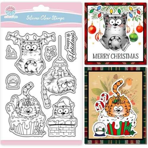 GLOBLELAND Weihnachts Comic Katzen Klarstempel Zur Kartengestaltung Cartoon Katzen Silikonstempel Frohe Feiertage Ornamente Transparenter Stempel Für DIY Scrapbooking Prägung Journaling
