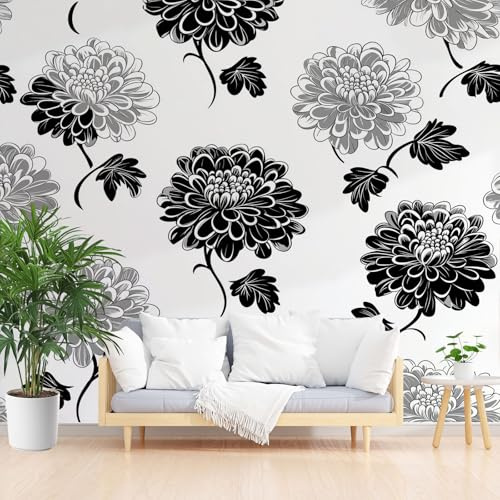 Générique Papier Peint Panoramique Fleurs Plantes Noir et Blanc Papier Peint Intissé Poster Mural xxl Chrysanthèmes Peints Poster Geant Mural 3D pour Salon Chambre Décoration Murale 350x256cm(L x H)
