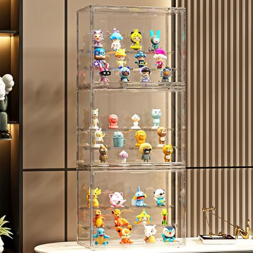 3 Stück Acryl Vitrine für Pop Figuren,Staubdichte Schaukasten Glasvitrine, Vitrine Klein mit Tür Für Action Figuren Spielzug MiniFiguren Sammelfiguren,Selbstmontage（3 Etagen,30x18x24cm