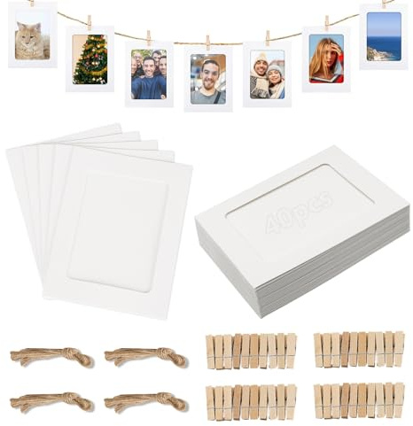 XZMCAT 40 Piezas Marcos de Fotos de Cartón, 15 x 10cm Guirnalda de Fotos con 40 Piezas Clips Pequeños para Colgar Fotos 4 Cuerda, DIY Marcos de Fotos para Hogar Colegio Oficina Pared DIY