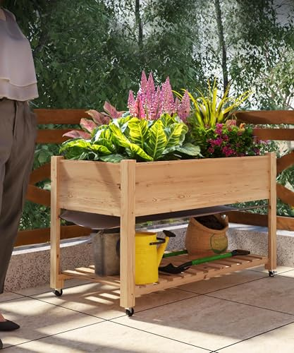 Raised Garden Bed, 122x61x76cm Wood Elevated Planter Box with Lockable Wheels & Oxford Cloth for Drainge, Rectangular Plant Stand with Garden Storage Shelf for Growing Plants Vegetable/Flower/Herb