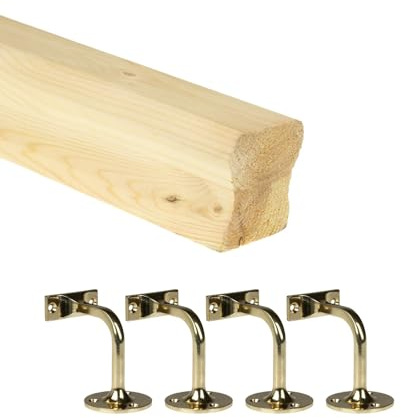 Jackson Woodturners Pine HR Wall Mounted Handrail Kit with Brass Wall Brackets – Unfinished Pine Staircase Handrail for Internal Use – Multiple Lengths Available (3600mm)