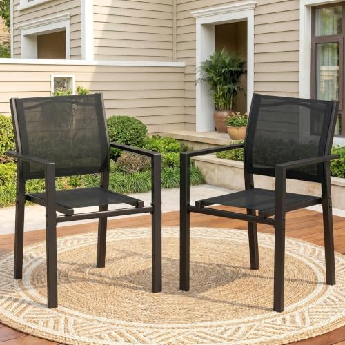 LIFERUN Gartenstühle stapelbar 2er Set, Balkonstühle, Essstühle, 2 PCS | Teslin und Metallgestell, bis 120 kg, Outdoor Gartenstuhl für Terrasse Garten Pool, atmungsaktiv mit Armlehnen, Schwarz