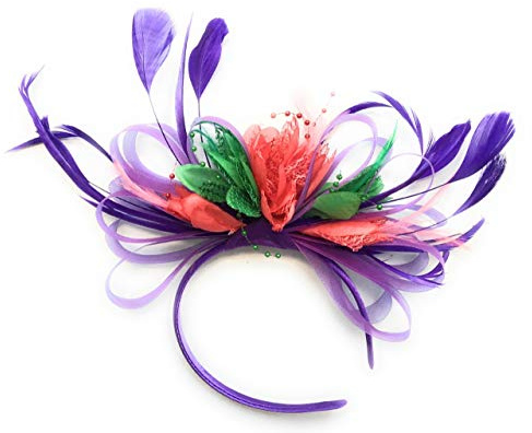 Cadbury lila, korall rosa och jade gräs grönt nät ring fjäder hår fascinator pannband bröllop Royal Ascot Races