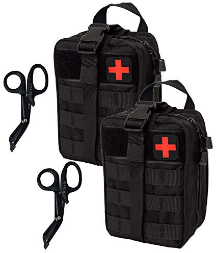 Krisvie 2PCS EMT Borsa di Primo Soccorso Medico di Sopravvivenza Sacchetto di Emergenza Tattica, Tattico Molle Marsupio+Acciaio Inossidabile Benda Forbici Heavy Duty Set (Nero)