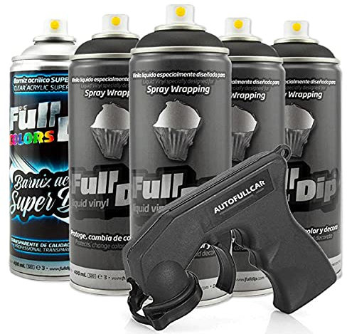AutoFullCar - Pack 4 Sprays Full Dip Negro + 1 Spray Barniz Acabado Brillo - Adaptador Incluido - Vinilo Líquido - 400 ml. Unidad