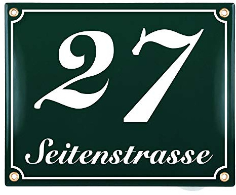 Sosenco Hausnummerschild Hausnummer mit Straßenname - 25x20 cm - Keramik Emaille - Wetterfest - Personalisiert (Grün)