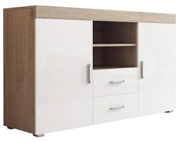 MB Muebles Bonitos | Buffet Roque pour Salon et Salle à Manger Moderne | Meuble TV en Mélamine | Couleur Sonoma Mat et Blanc Brillant | 140x80x40 cm