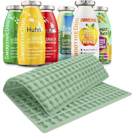 SmoothieDog 6er Mix mit Trixie Backmatte Mint (2,0cm) Silikon Backmatte (je 250ml mit Huhn,Lamm,Rind, Ente, Gemüsebeet, Immunio), Backform Mini Hundekekse, backen, Bpa-frei