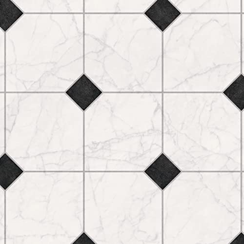 Tile Effect Tasman Vinyl Flooring Realistic 3.8mm Slip Resistant Foam Backed Lino (White & Black Diamond Tile, 2m x 3m)