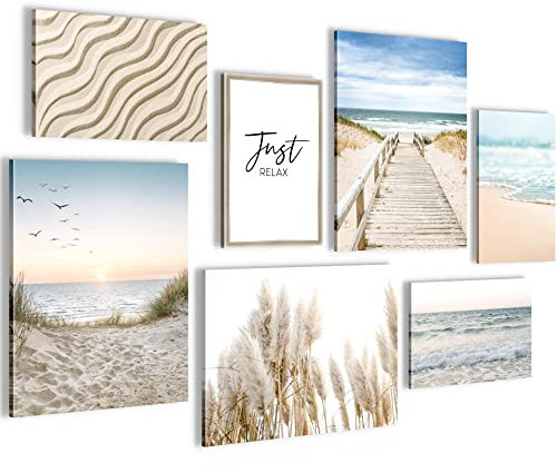 Novart Wandbilder Meer - KOMPLETT AUFHÄNGFERTIG - Paradies Strand Wohnzimmer Schlafzimmer - 7 Moderne Mood-Bilder - N004871a