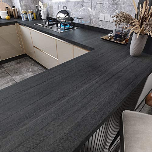 WESTICK Large Wood Grain Wallpaper Peel and Stick Modern Countertops Waterproof Wood Contact Paper Self Adhesive Black Wallpaper Repvable Kitchen Wooden Film Wall Paper for Cabinets Furniture 24x394