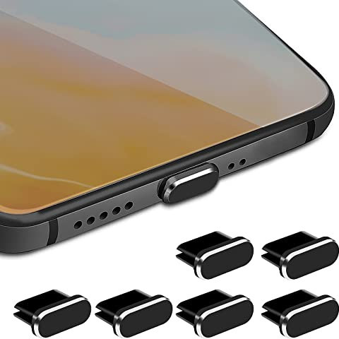 Cobee Type C Dust Plug Set, 6 Pieces Aluminum Alloy USB C Anti Dust Cover Caps Charging Port Cover Type-C Metal Dust Protectors Stopper for Smartphone Laptop(Black)