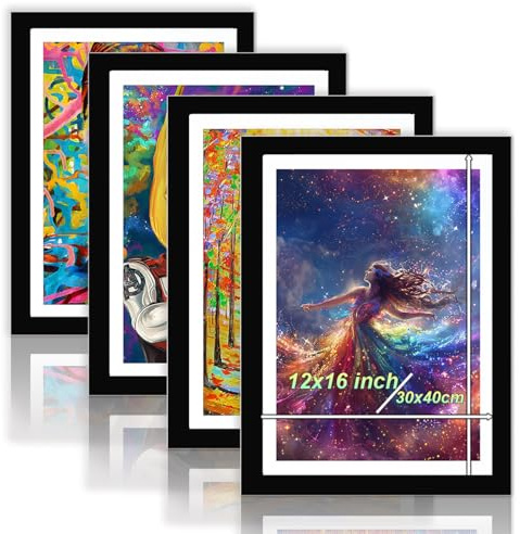 Betionol Diamond Painting Frames Set of 4, Display 12x16in/30x40cm Diamond Painting Kits or Photos, Black Natural Solid Wood Picture Frame with Acrylic Protection Glass, Back Mat And Hanging Kit